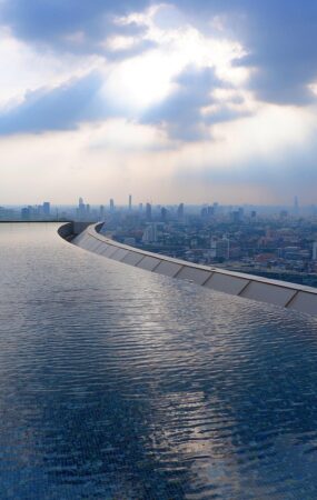 swimming pool, building, tower, architecture, near city center, city, skyscraper
