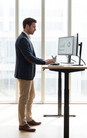 ergonomics, standing desk, office, workspace, work, professional, technology, health, productivity, modern, interior, businessman, computer, lifestyle, wellness, workplace, furniture, corporate, employee employee, energy, business, working, executive