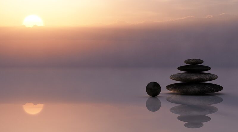 balance, stones, stack, stack of stones, reflection, mirroring, mirror image, sunset, dusk, twilight, meditation, meditate, nature, silent, sky, sun, clouds, wellness, zen