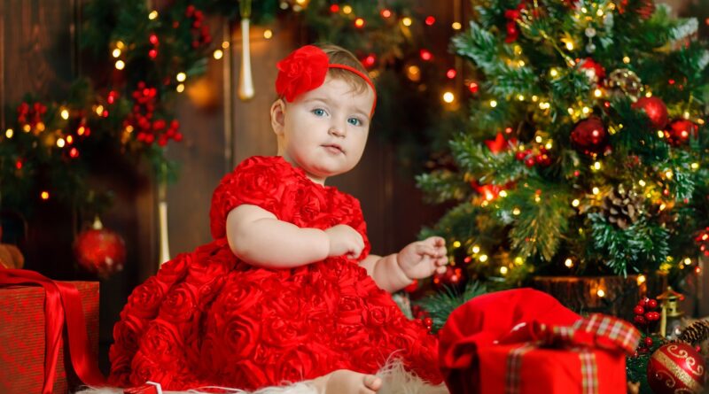 kid, girl, child, baby, red, dress, light, room, present, gift, box, christmas, ball, nature, toy, evening, tree, pine, xmas