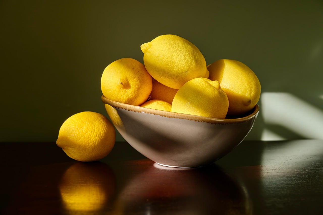 still life, fruits, lemons, bowl, shadow, yellow, citrus, fresh