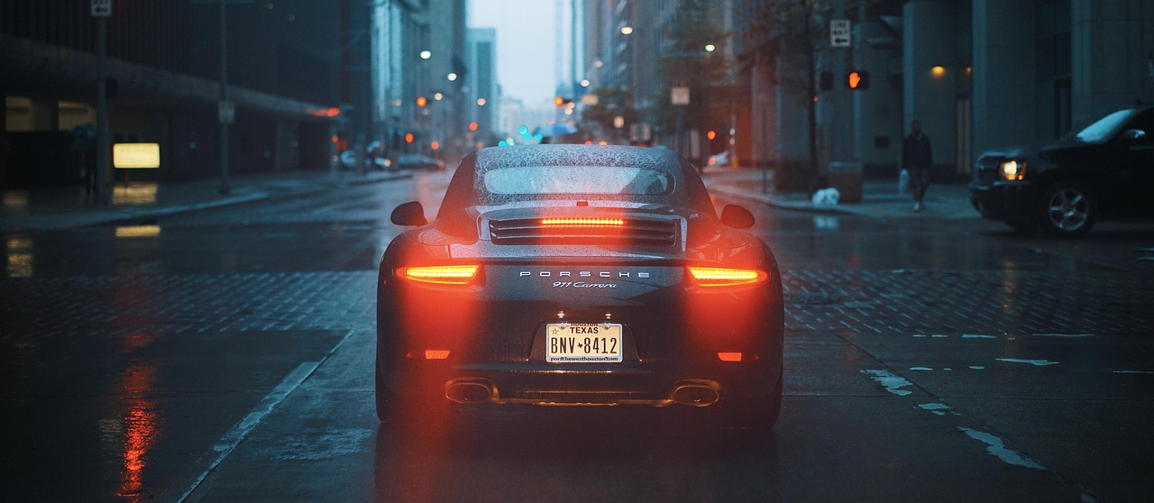 porsche, car, brake lights, tail lights, stop, stopped, rain, nature, rainfall, raining, street, city street, luxury car, vehicle, transportation, drive, city, car wallpapers, rainy, road, urban, wet