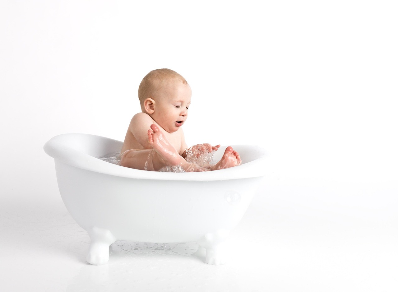 child, baby, minimalist, white background, cute, portrait, sitting, bath, happy