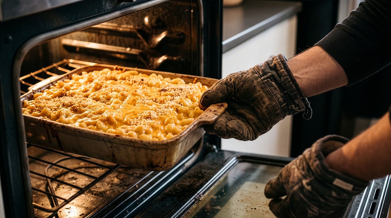 macaroni and cheese, food, cheese, dinner, baked, oven, cooking, creamy, delicious, warm, fresh, appetizing, pasta, lunch, comfort food, cheese sauce, american, gloves, hot, cook